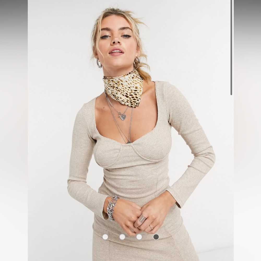 Bershka long sleeve knitted dress with corset detail in oatmeal